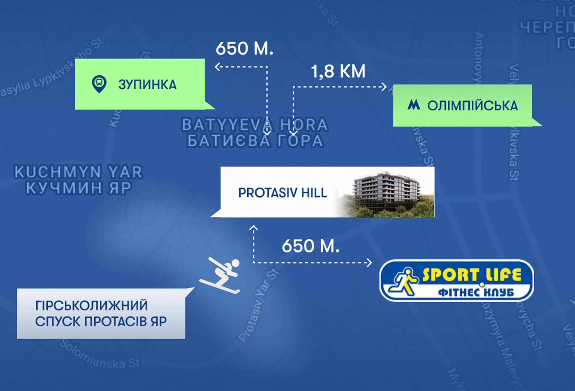 Зображення з картою, що демонструє знаходження ЖК бізнес-класу Протасів Хіл
