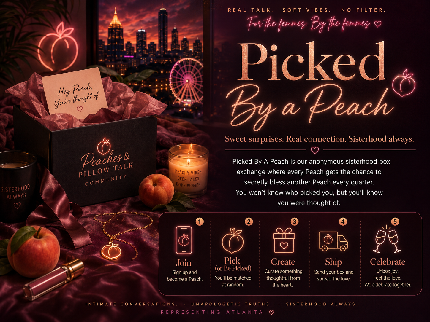 A promotional image for 'Picked By a Peach,' an anonymous sisterhood box exchange community. The image displays a city skyline at sunset with a Ferris wheel, neon peach and heart signs, a black gift box labeled 'Peaches & Pillow Talk Community' filled with tissue paper and a note that reads 'Hey Peach, You're thought of,' with peaches, a necklace, a candle, and lipstick around it. Text highlights the community's mission of real talk, soft vibes, and sisterhood, describes the five-step process to join, pick, create, ship, and celebrate, and emphasizes connection, surprise, and unbreakable sisterhood.