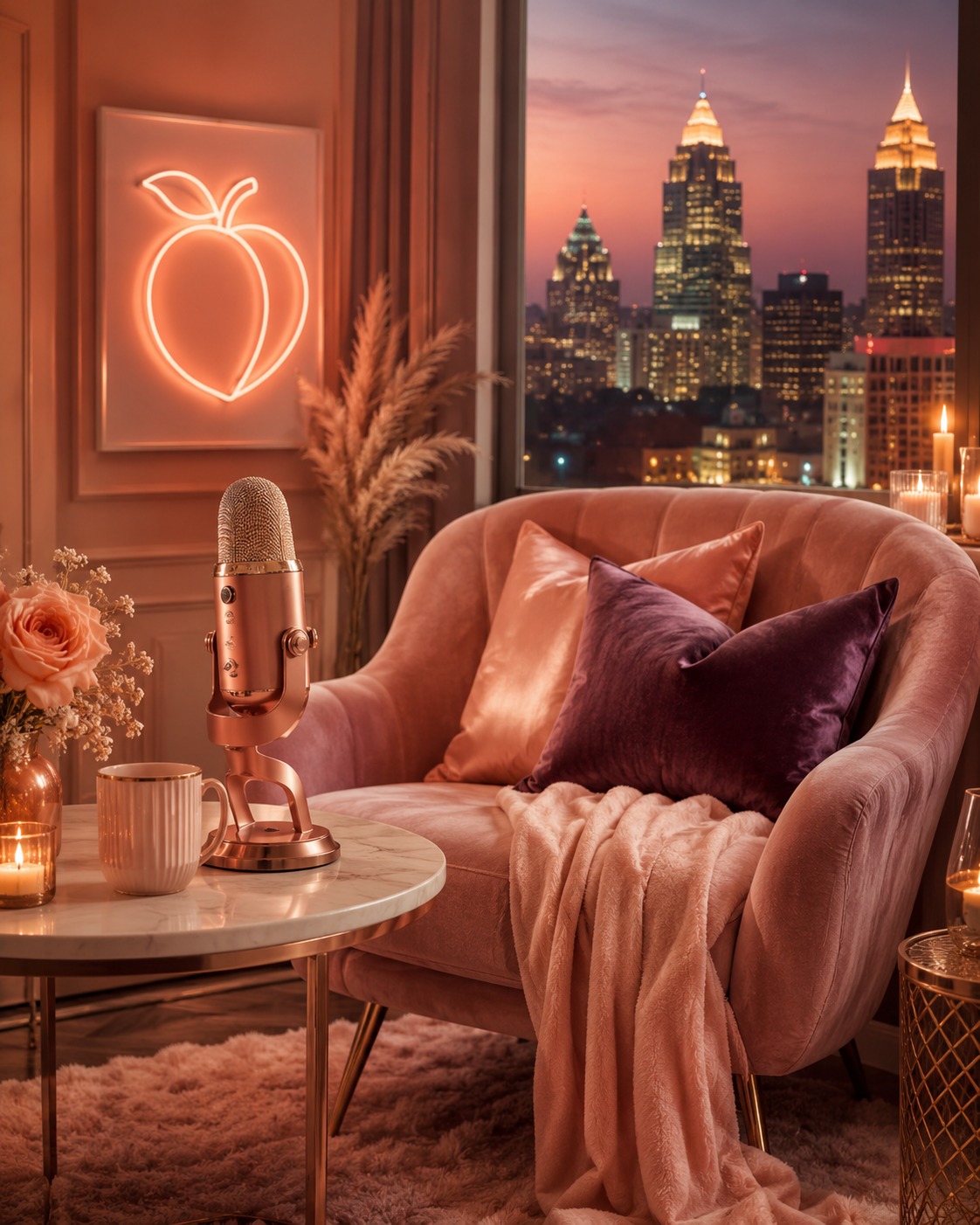 Living room with pink velvet sofa, pillows, fur blanket, floral arrangement, pink microphone, candles, and city skyline view at sunset.