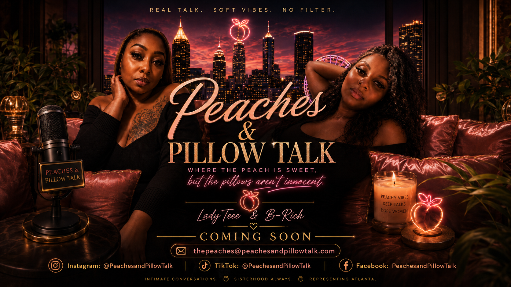 Two women sit on a plush pink velvet sofa in a cozy room with a city skyline visible through large windows at sunset. They are promoting a podcast called Peaches & Pillow Talk, with a microphone labeled 'Peaches & Pillow Talk' and a lit candle on a side table. The background features neon signs, plants, and warm lighting.