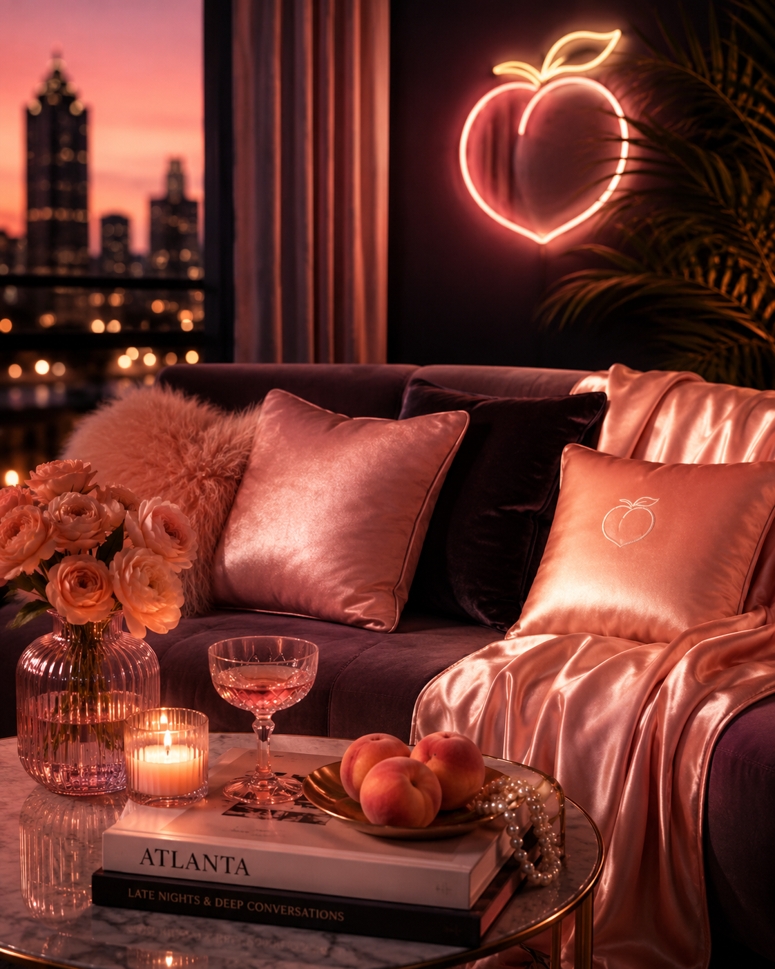 Interior of a stylish living room at sunset with a city skyline view through a window, featuring a neon peach-shaped sign on the wall, plush pillows on a velvet sofa, a fur throw, a marble coffee table with a vase of roses, a lit candle, a glass of rosé wine, peaches on a gold tray, and chic decor elements.