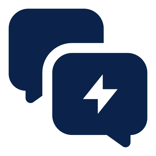 Two speech bubbles, one with a lightning bolt, the other with a lightning bolt, indicating communication and power.