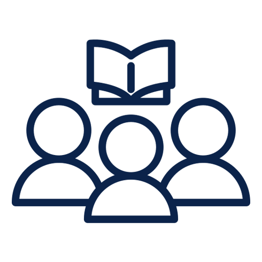 Outline of three people with a book above them.