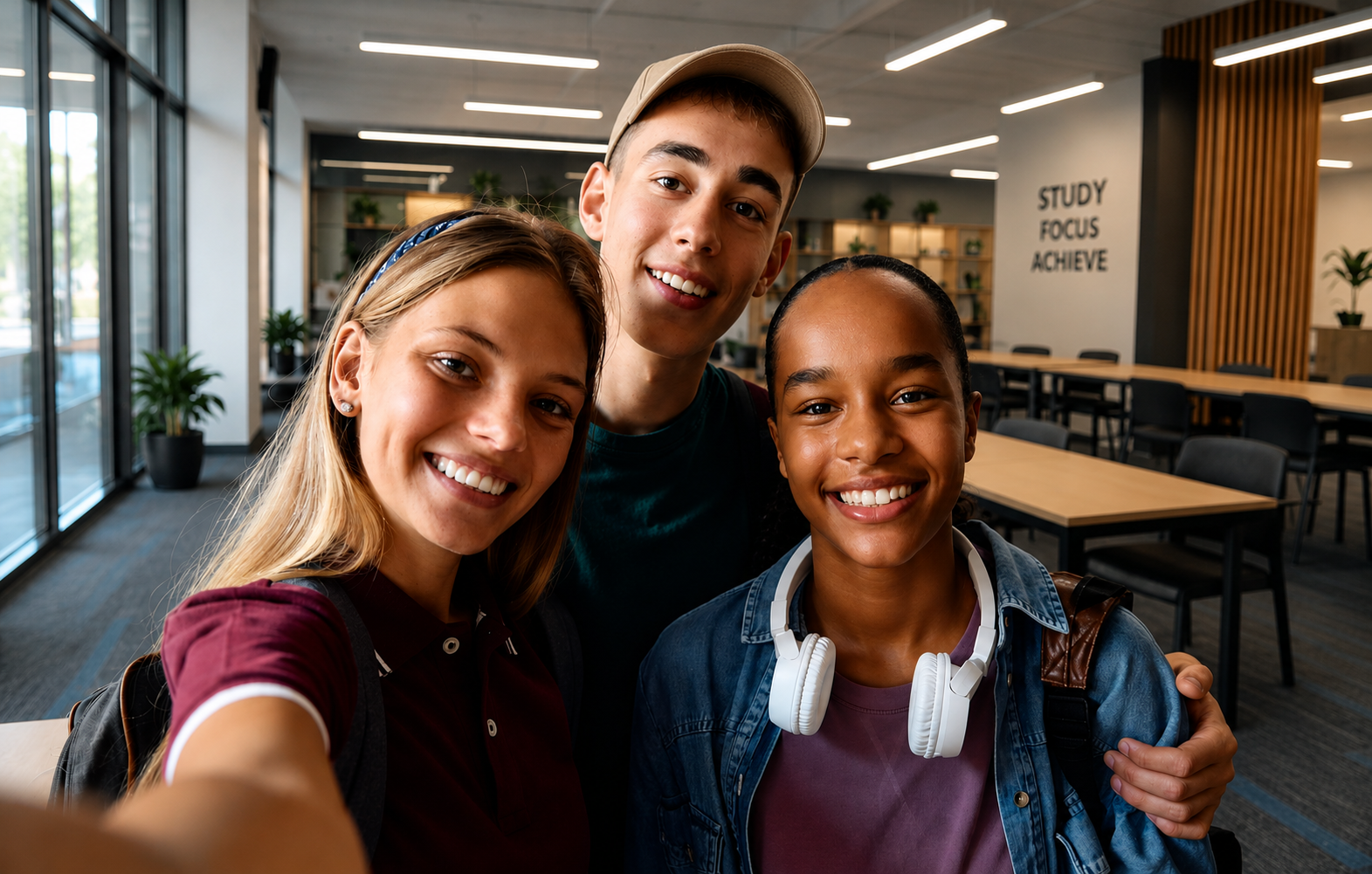 Three smiling students, two females and one male, posing for a selfie inside a modern study environment with large windows, green plants, and motivational words on the wall.