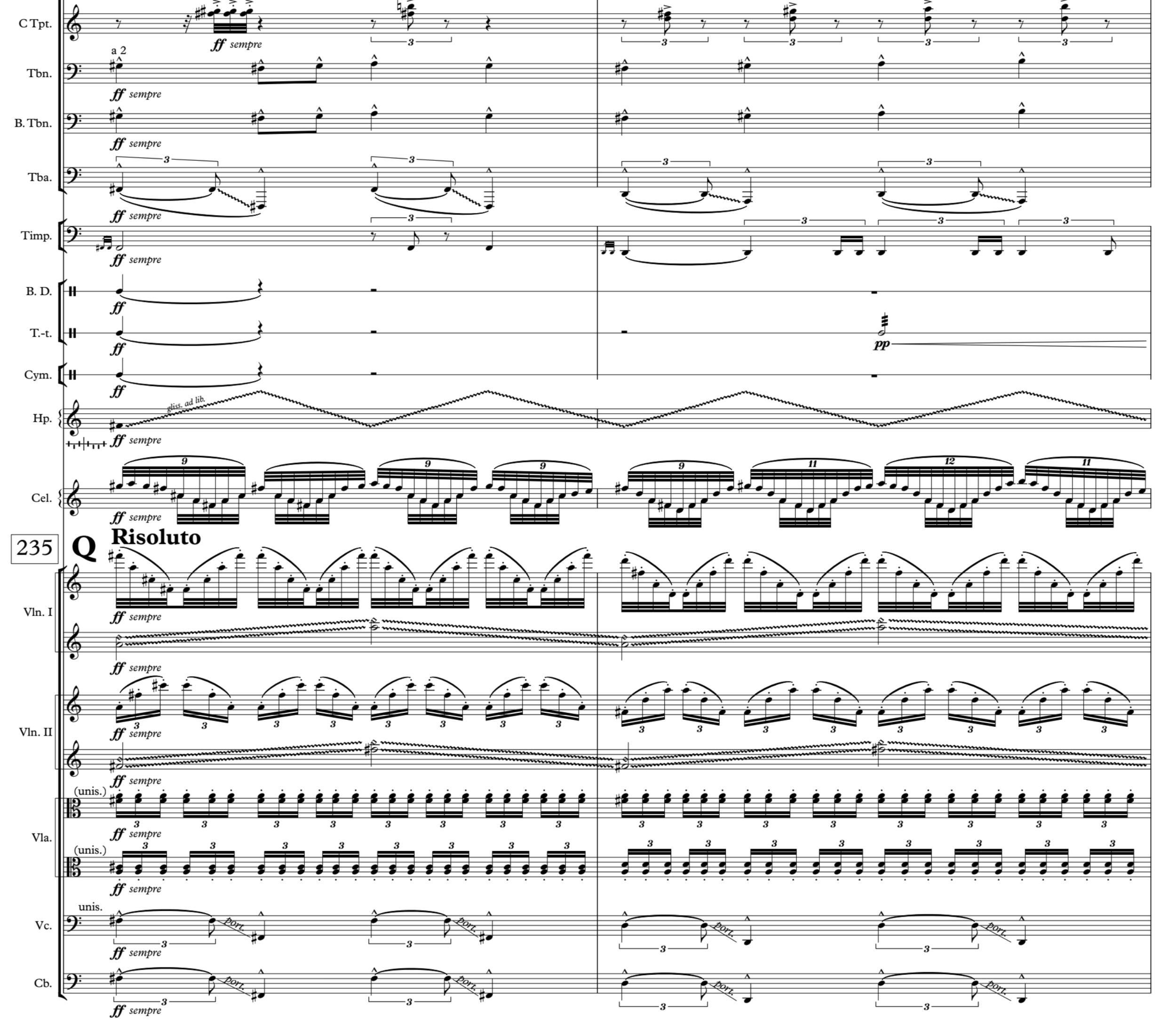 A sheet of music notation with multiple staves, notes, and symbols indicating musical composition for various instruments.