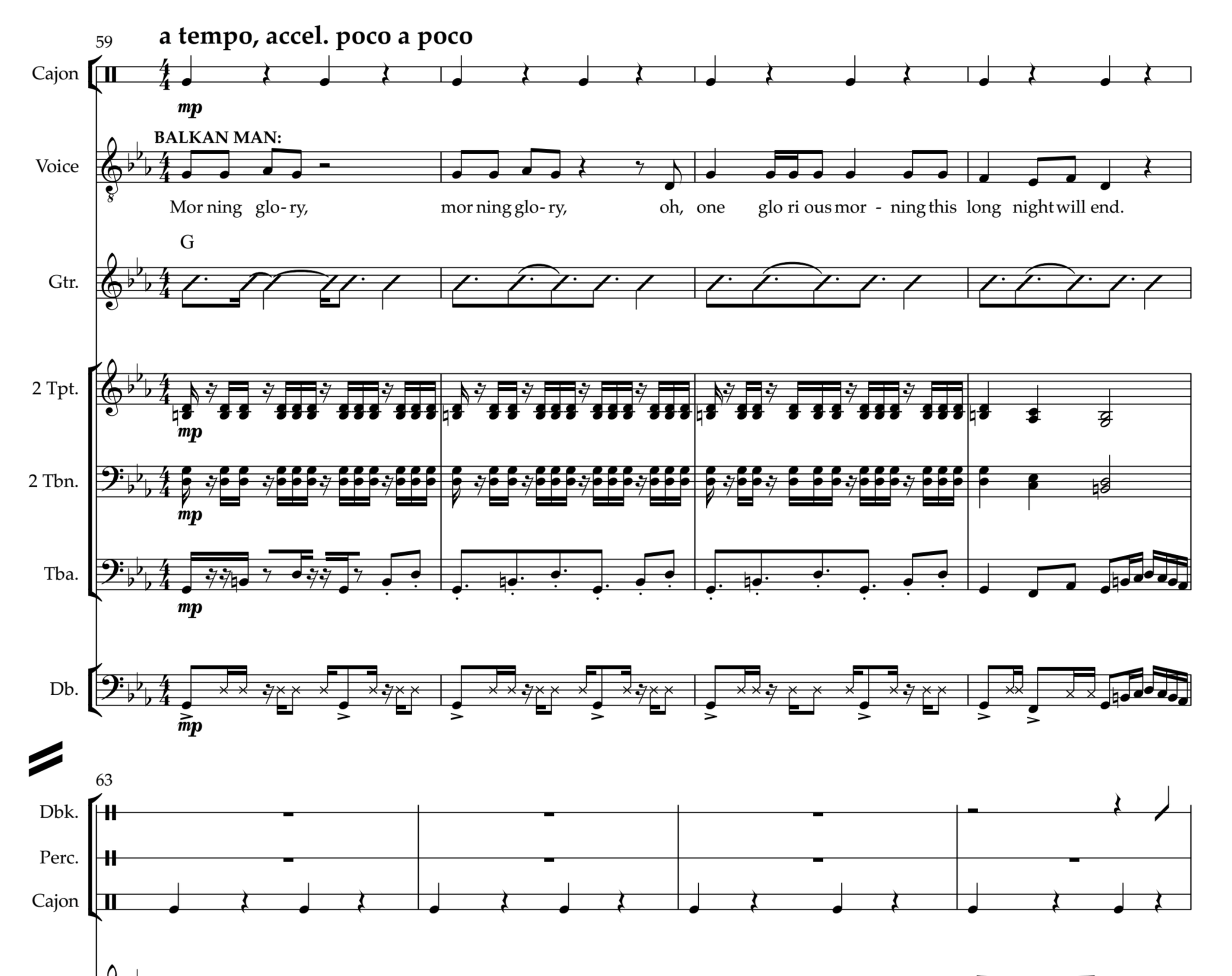 Music sheet with musical notes, lyrics, and performance directions.