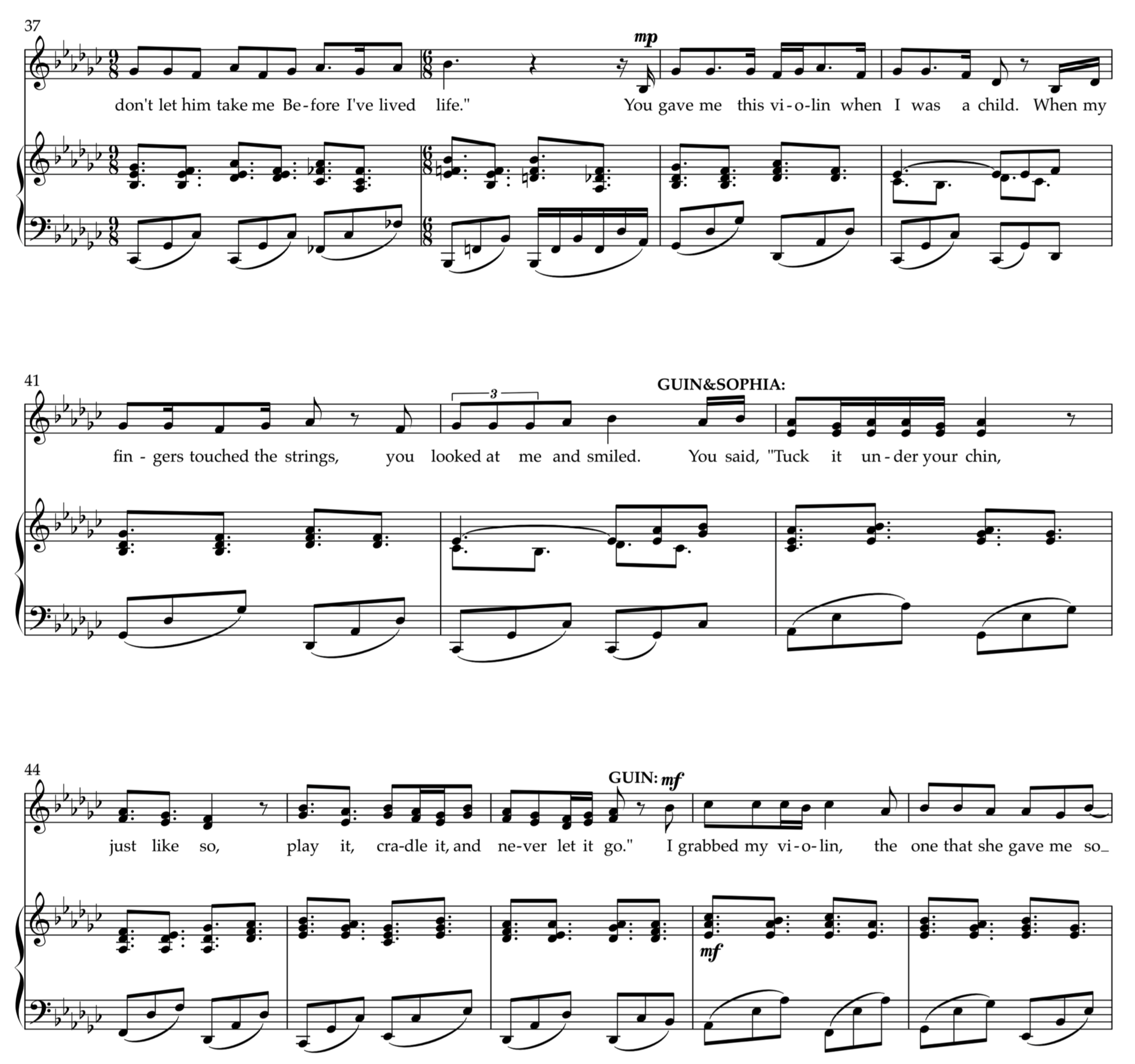 Sheet music with lyrics, including musical notes and annotations for an arrangement of a song with piano and vocal parts.