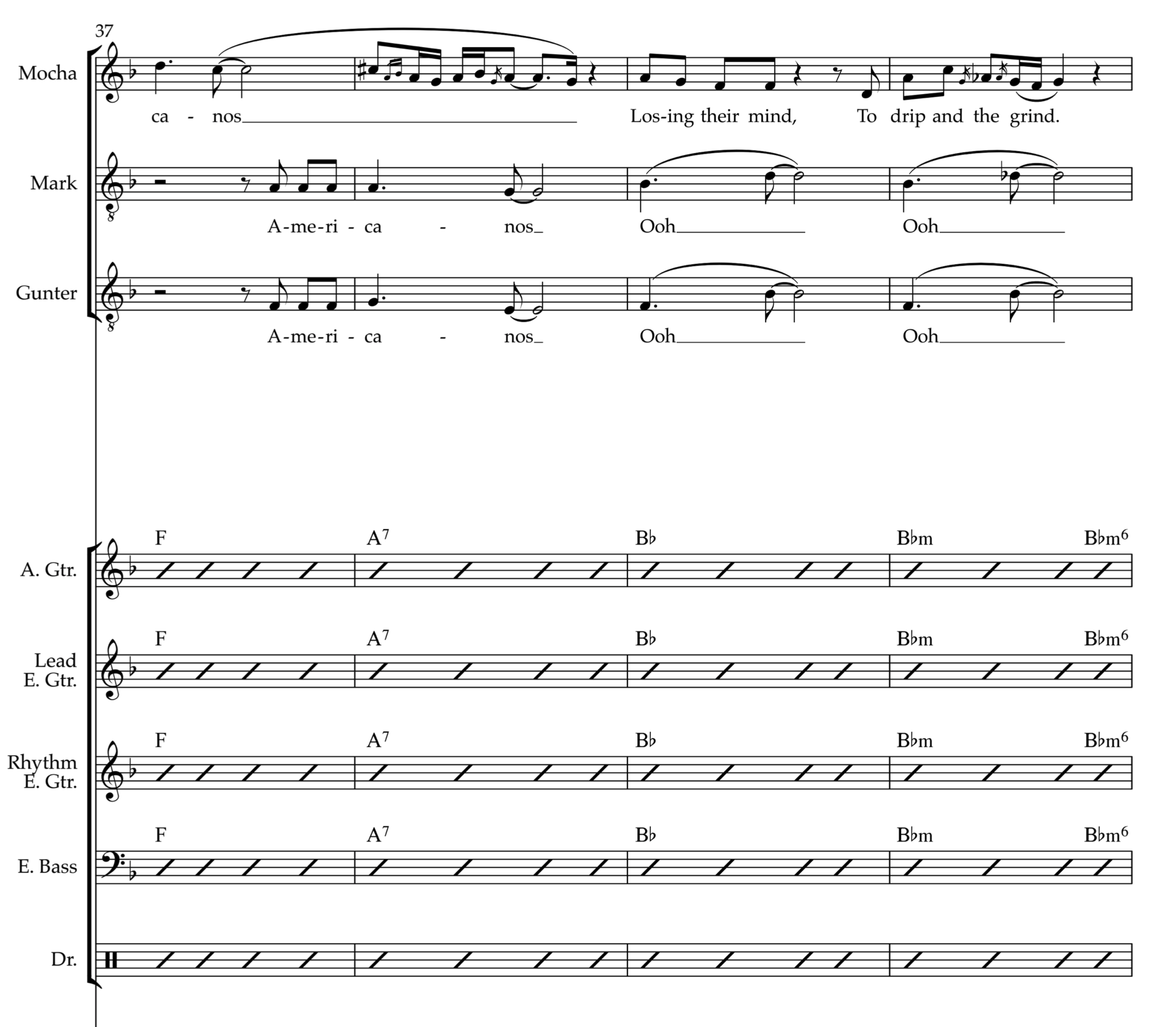 Sheet music with musical notes, lyrics, and chord symbols for a song with vocals and accompanying instruments.
