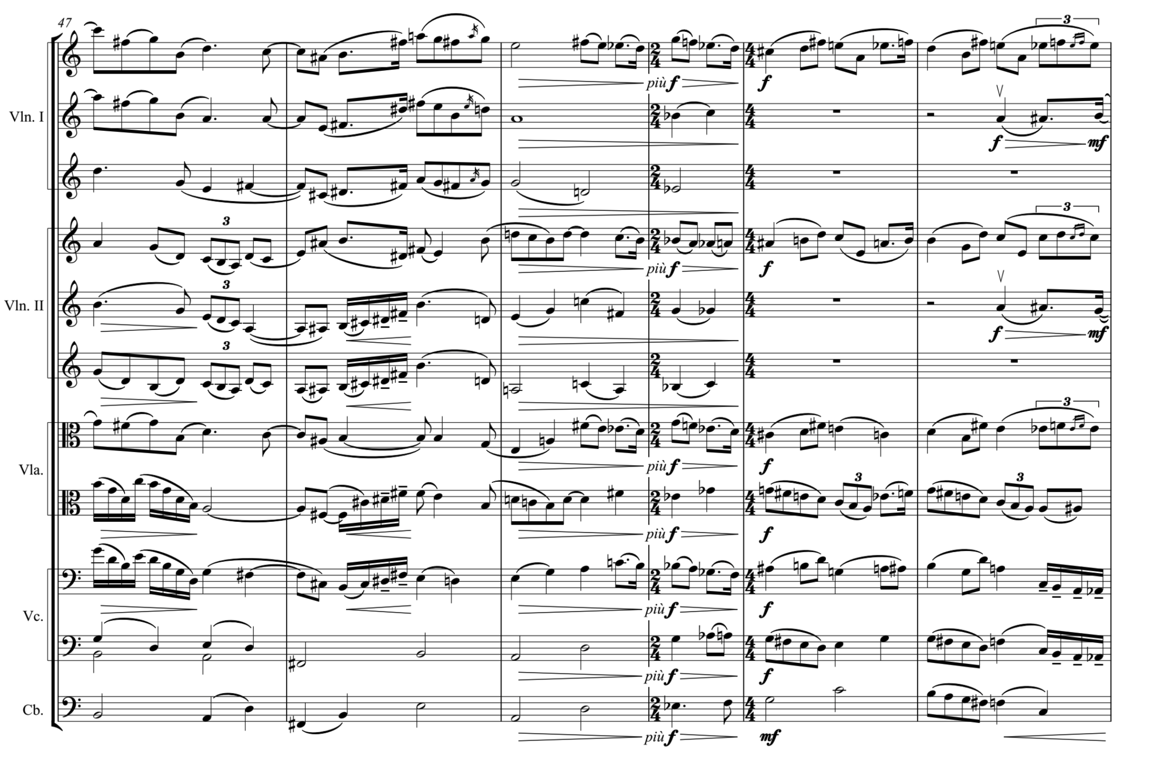 Sheet music for a classical composition with multiple staves for various string instruments, including violin 1, violin 2, viola, and cello, featuring musical notation such as notes, rests, dynamics, and expressive markings.