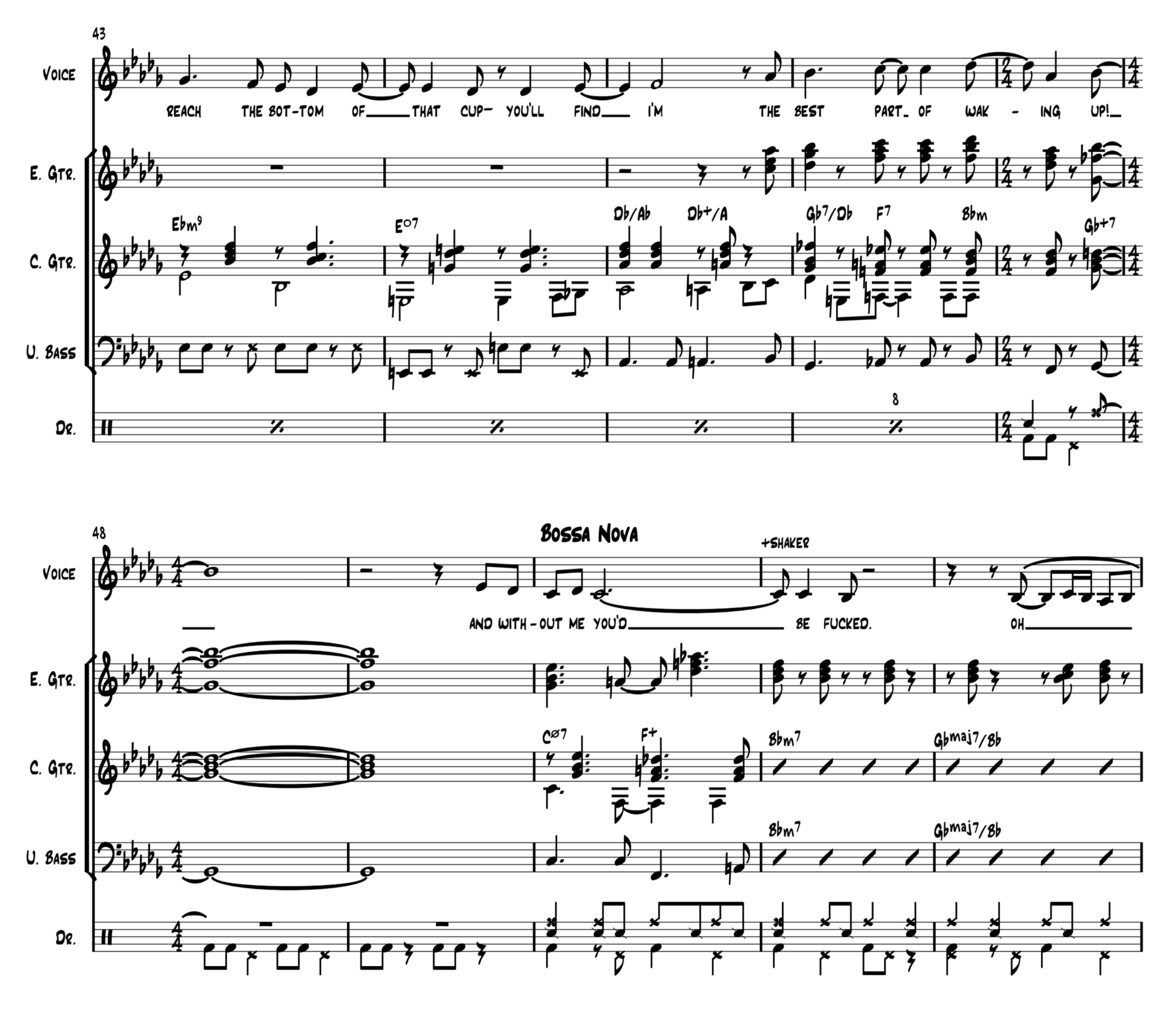 A sheet of music with musical notations and lyrics, including black notes, chords, and symbols on a five-line staff, with some handwritten annotations and song titles like 'Bossa Nova'.