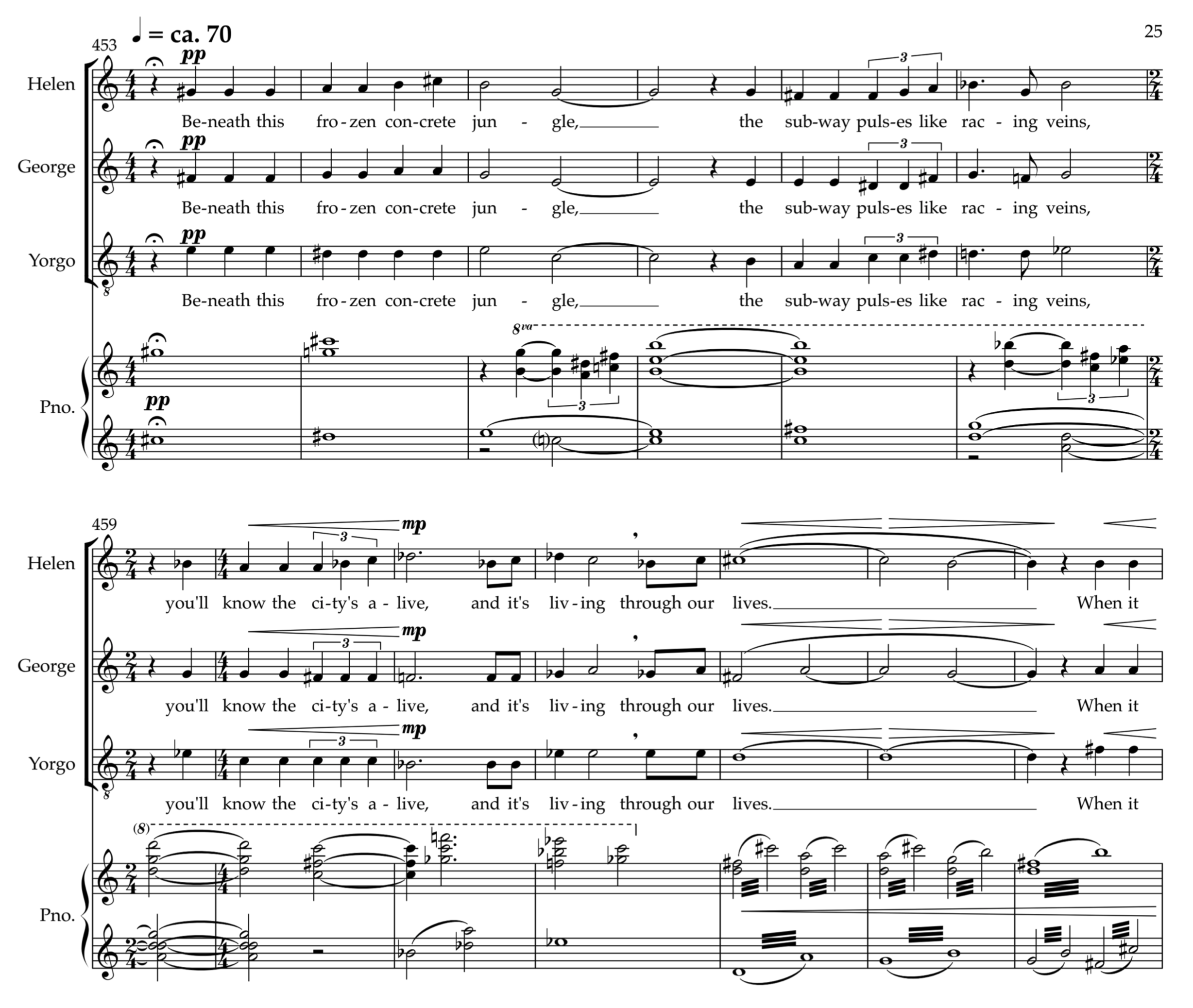 Sheet music with lyrics for a choral piece, featuring four vocal parts labeled Helen, George, Yorgo, and Pno. The music includes musical notation, dynamic markings, and lyrics about a frozen concrete jungle and a lively city.