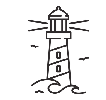 A lighthouse on rocks with waves around it, two birds flying nearby.