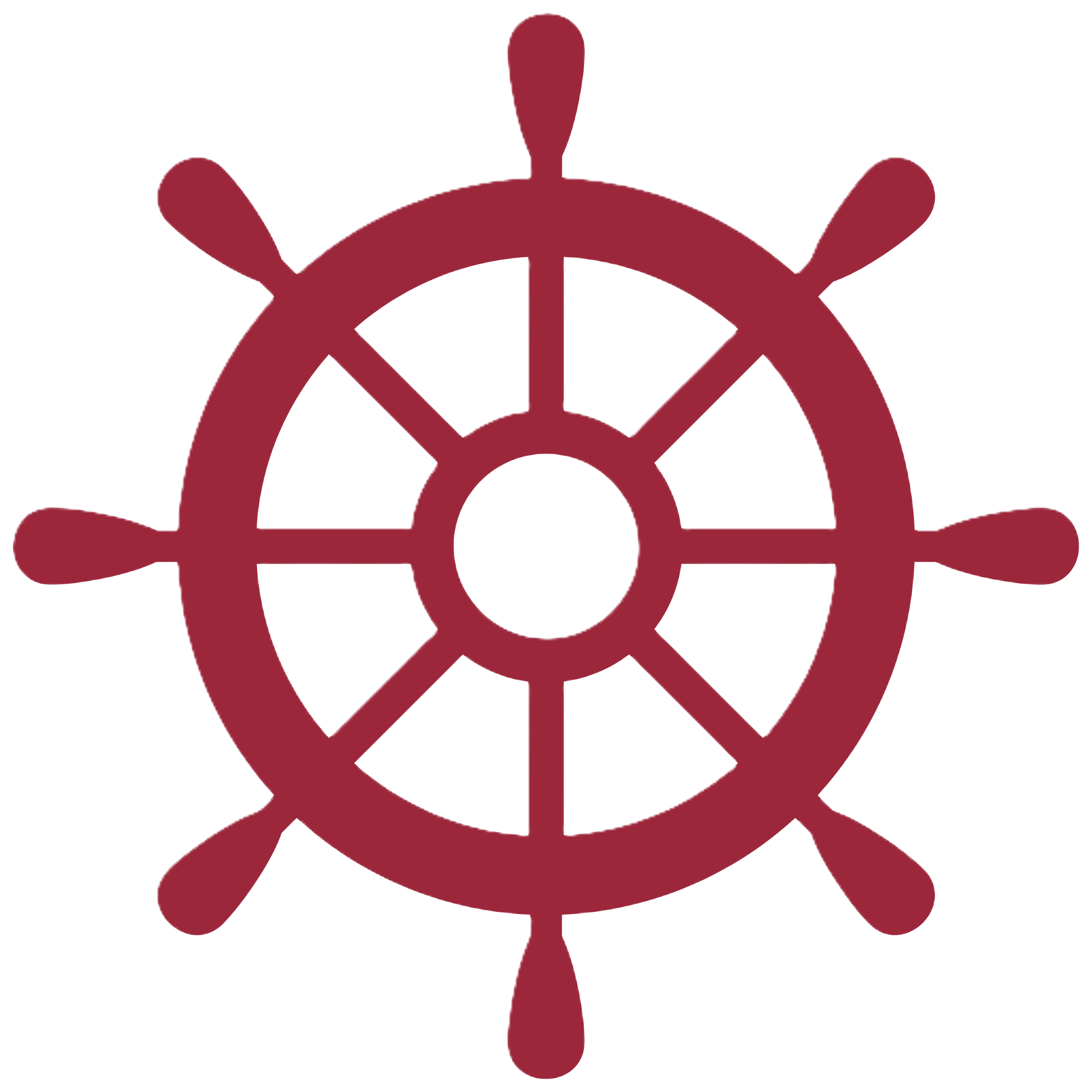 A stylized, red ship's wheel logo with eight spokes, representing maritime navigation.