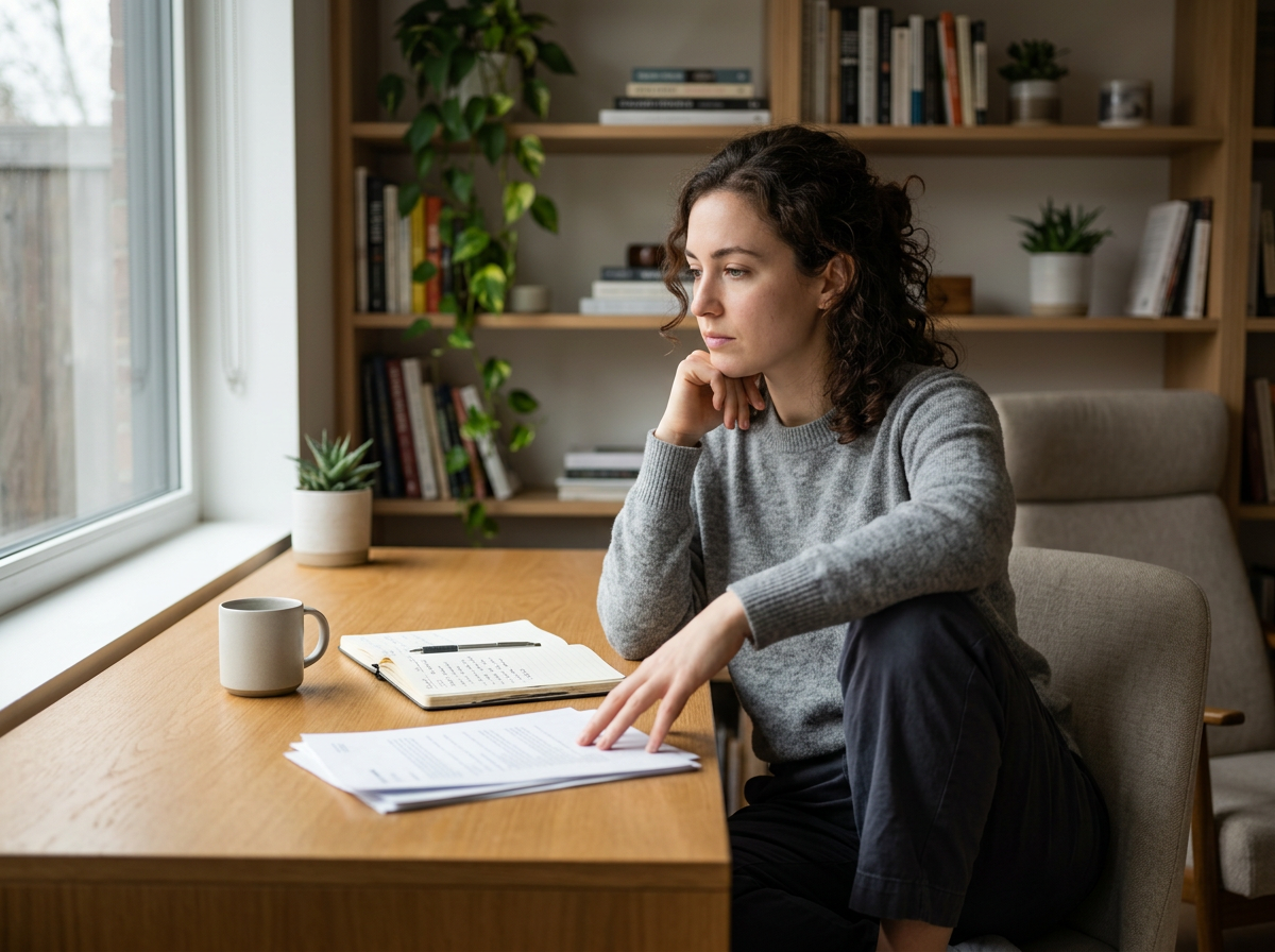 A woman with curly brown hair sitting at a wooden desk near a window, looking contemplative while reviewing documents. There is a coffee mug, an open notebook, and a pen on the desk. In the background, a bookshelf with books and potted plants is visible.