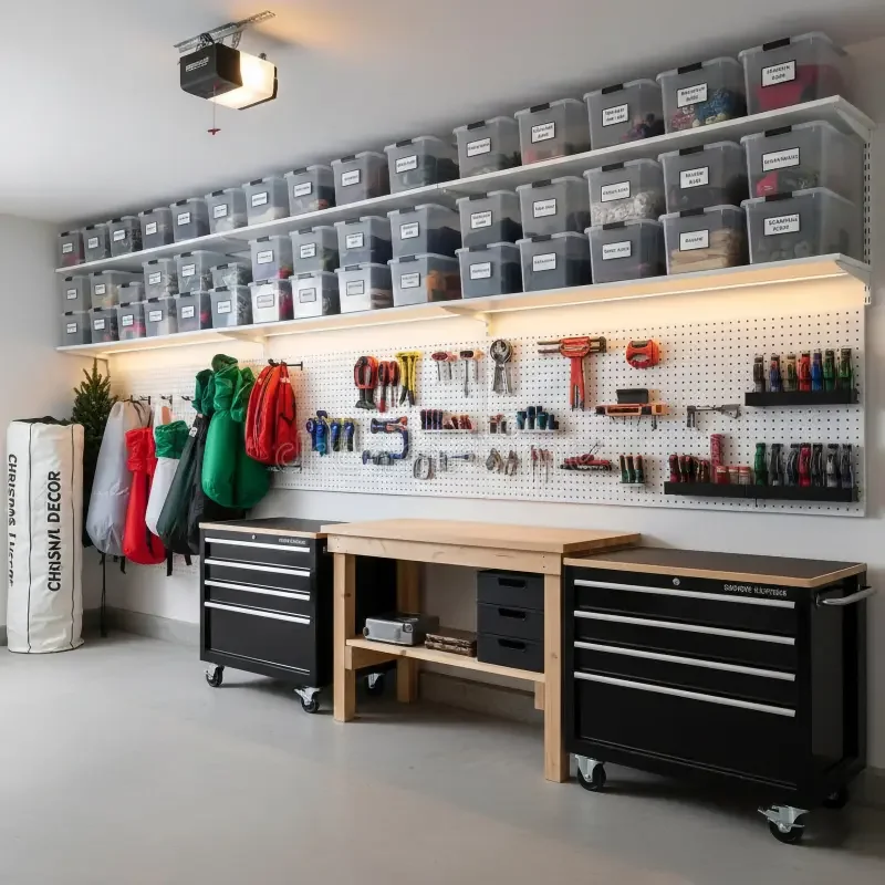 Garage workshop with organized tools and supplies, pegboard with hand tools, storage bins on shelves, work benches, and storage carts.