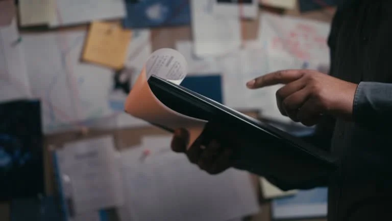 Person in a dark suit holding a notepad and pointing at it with their finger in an office or bulletin board room.