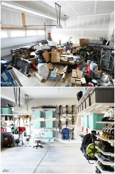 Comparison of cluttered garage before and organized garage after cleaning.