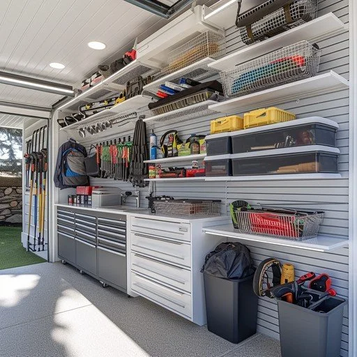 Organized garage with tools, containers, and supplies on white wall shelves and a workbench.
