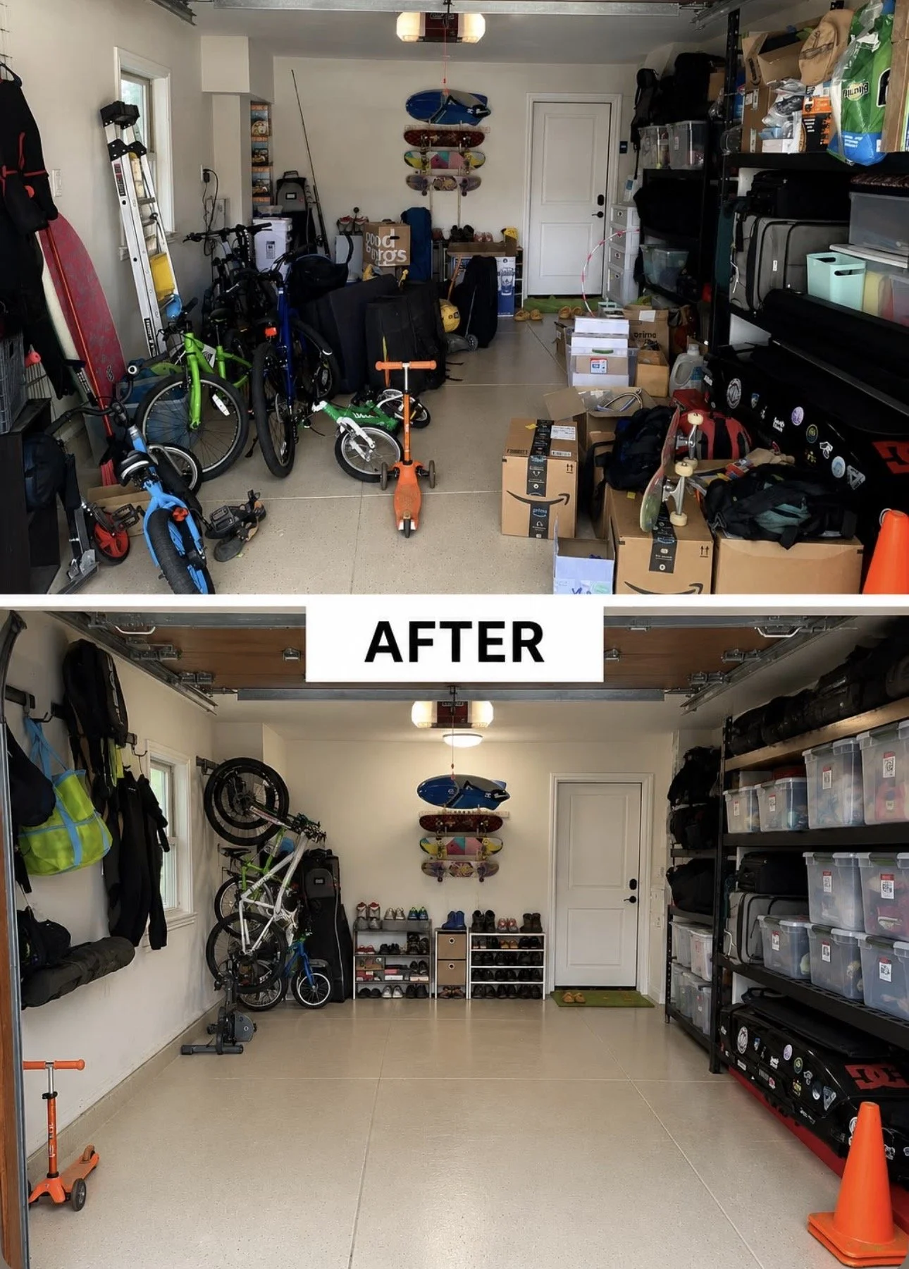 A garage before and after organization. The top half shows clutter with bikes, skateboards, boxes, and miscellaneous items. The bottom half shows a clean, organized space with storage on the walls, shelves with shoes, and an empty floor.
