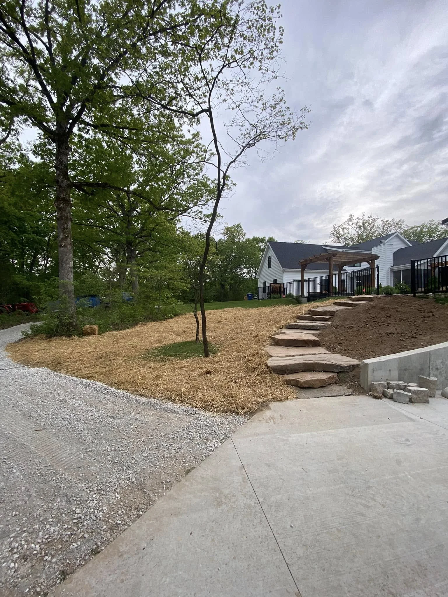 A backyard with a new lawn, a paved walkway, a staircase of flagstones, trees, a house with a deck, and a cloudy sky.