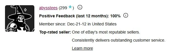 Screenshot of a eBay seller profile for 'abystees' showing positive feedback, member since December 2012, and top-rated seller status.