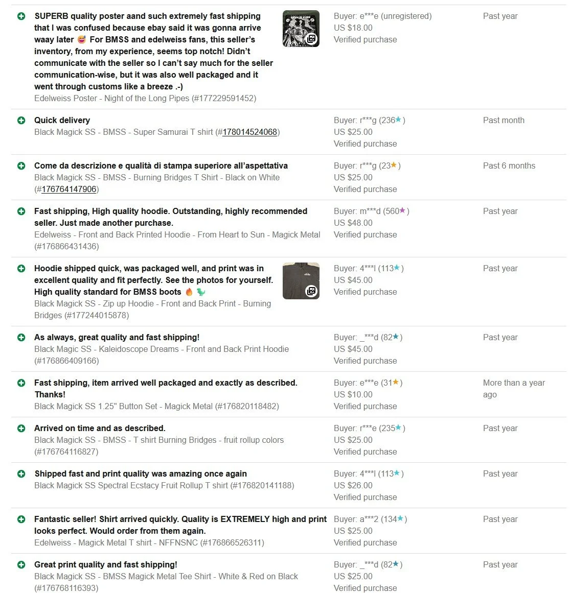 Collection of eBay reviews and feedback for various merchandise, including T-shirts, hoodies, and posters, with some images of clothing items.