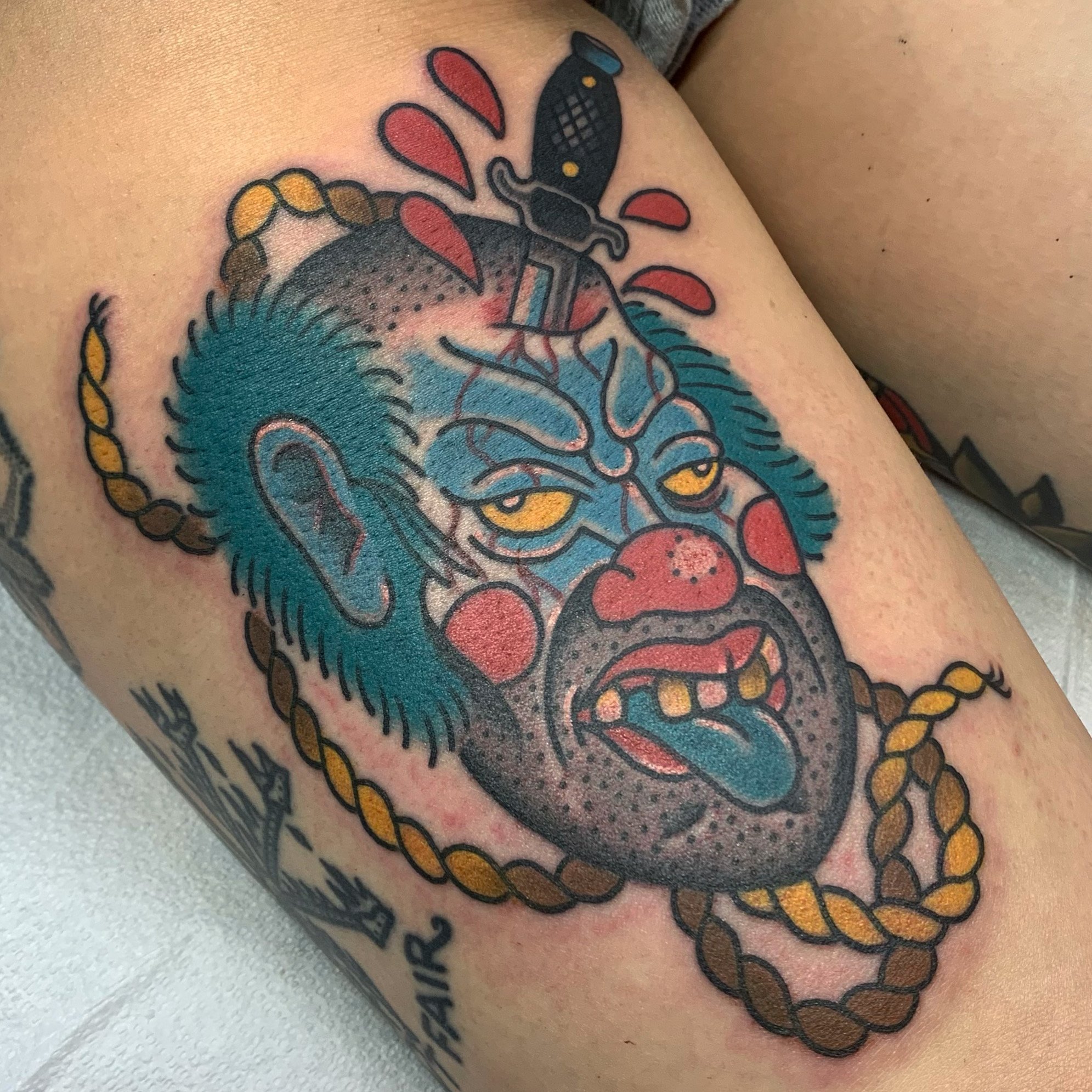Japanese traditional style Namakubi tattoo mashed up with a creepy clown