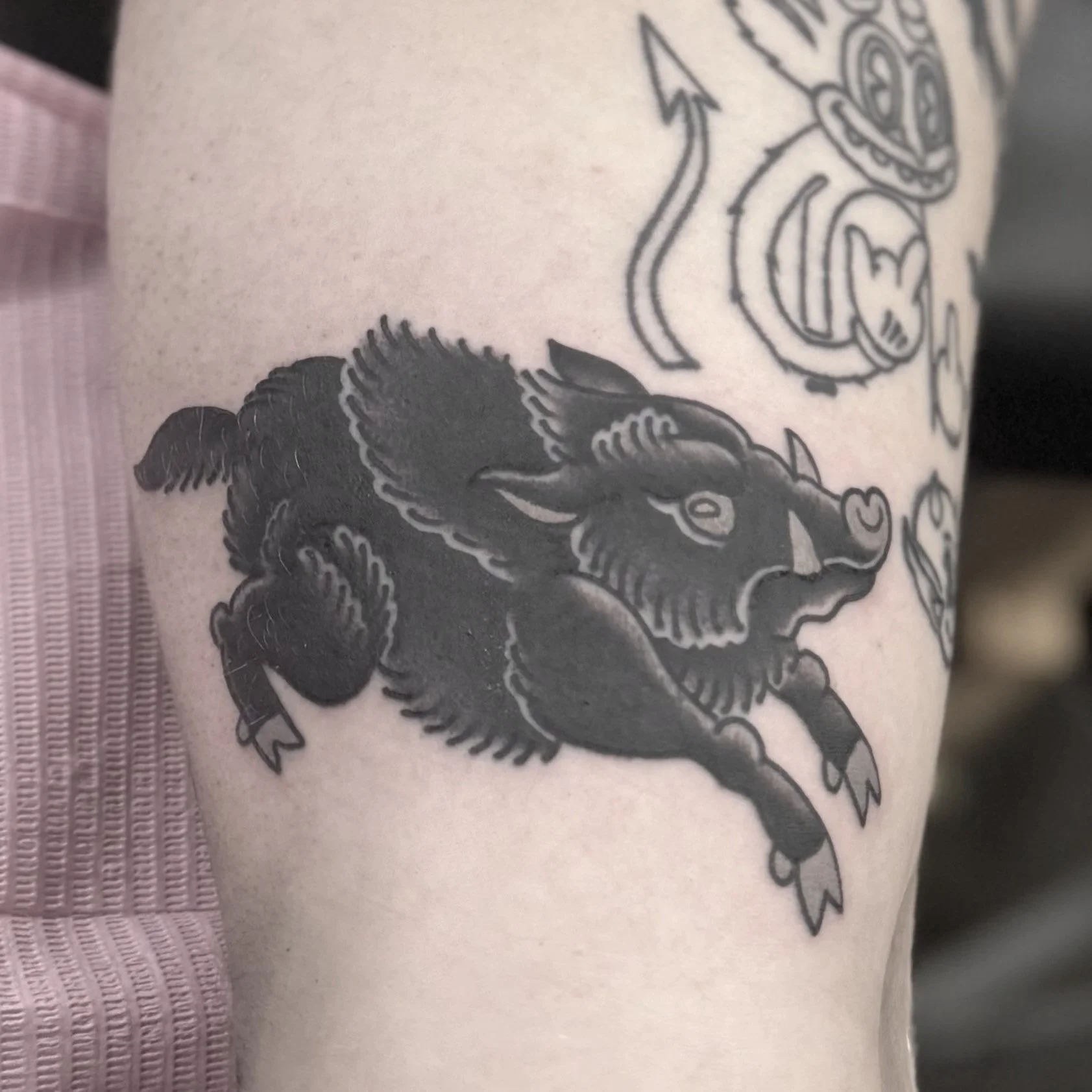 Blackwork Tattoo of a Japanese traditional Boar