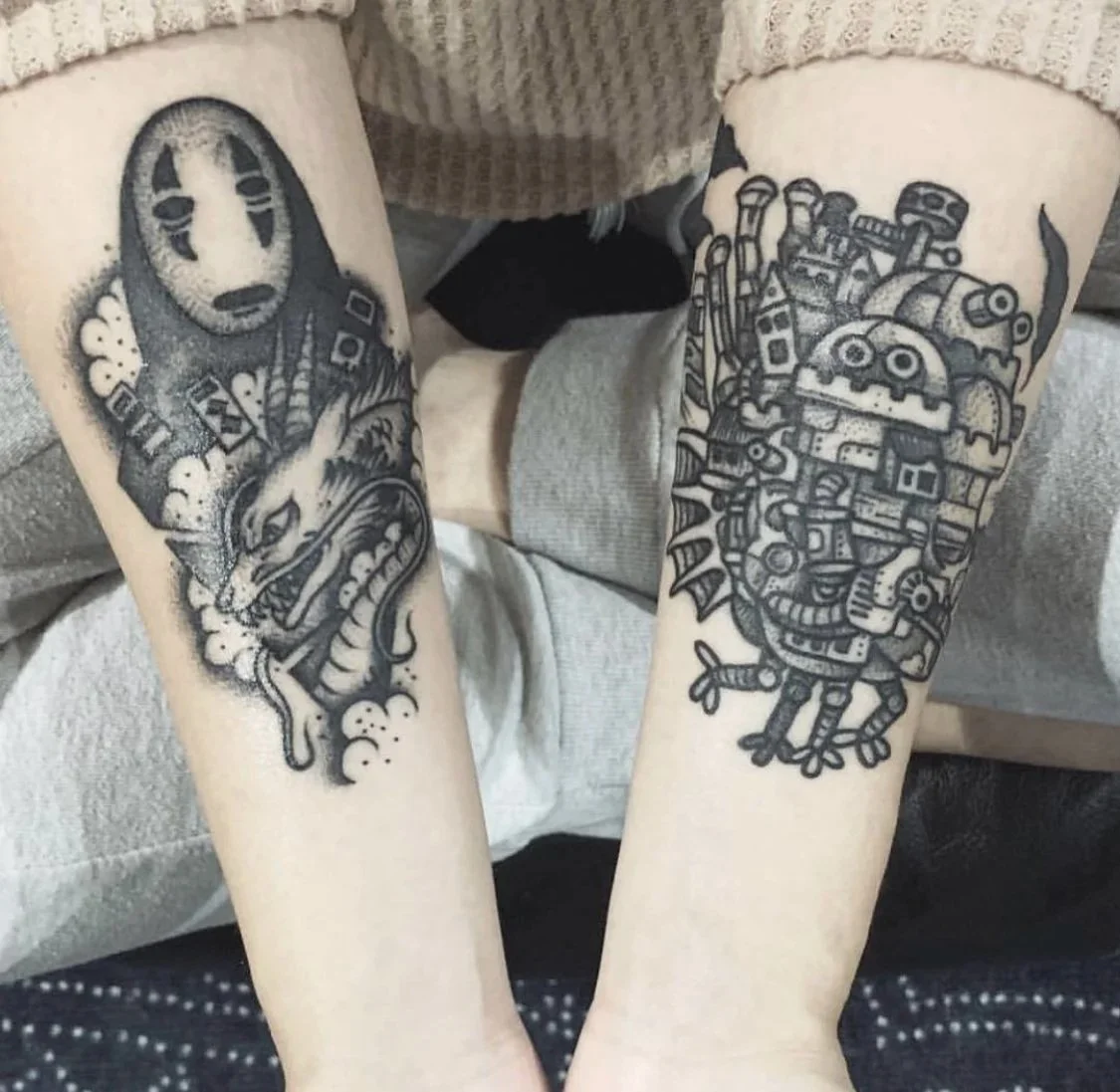 Healed Pair of Studio Ghibli Tattoos from Spirited Away and Howl's Moving Castle