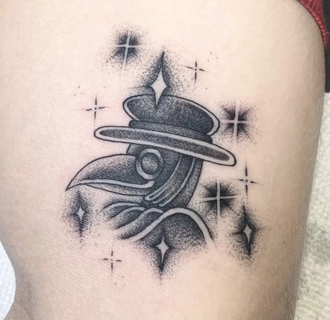 Fineline blackwork/dotwork Plague Doctor tattoo