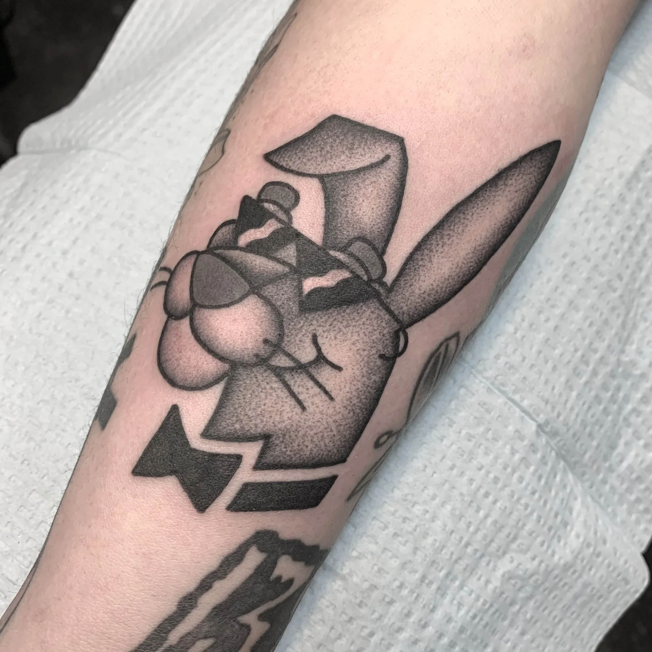 Black and Gray Dotwork Playboy Bunny Pink Panther Mashup