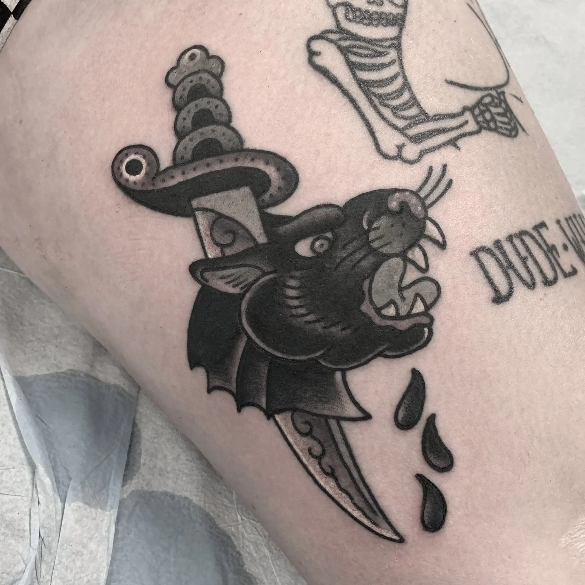 Tradtional Panther and Dagger tattoo done in heavy blackwork