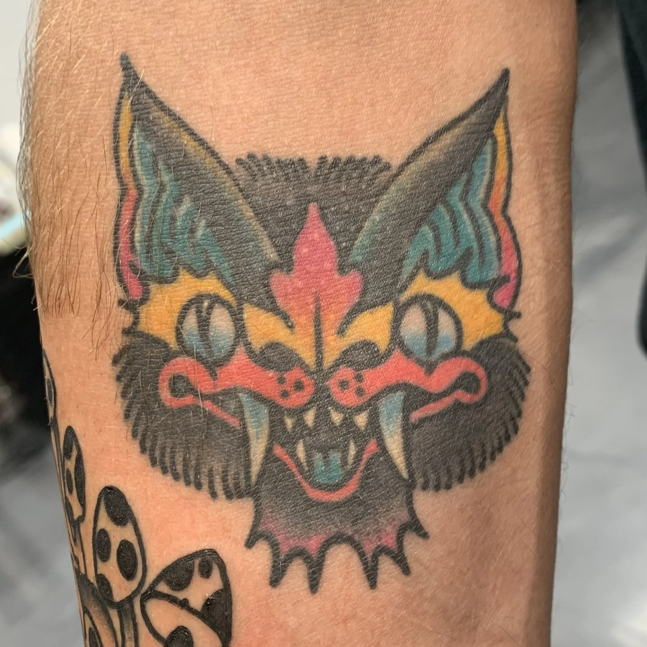healed traditional bat tattoo