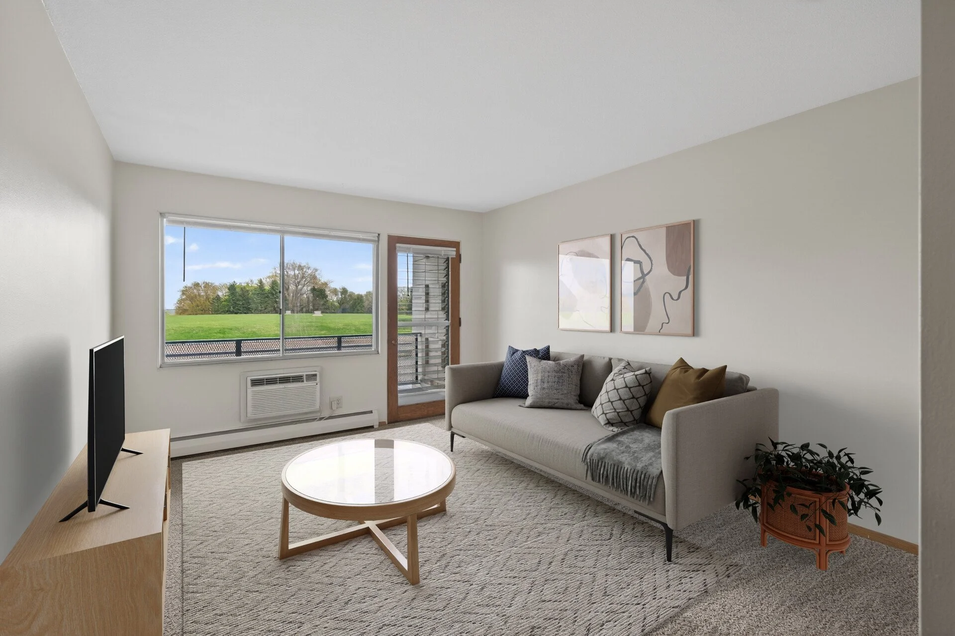 A living room with a large window overlooking a green lawn and trees, a gray sofa with patterned cushions, a round coffee table, a wooden TV stand with a flat-screen TV, wall art with abstract designs, and a potted plant at Imperial Heights
