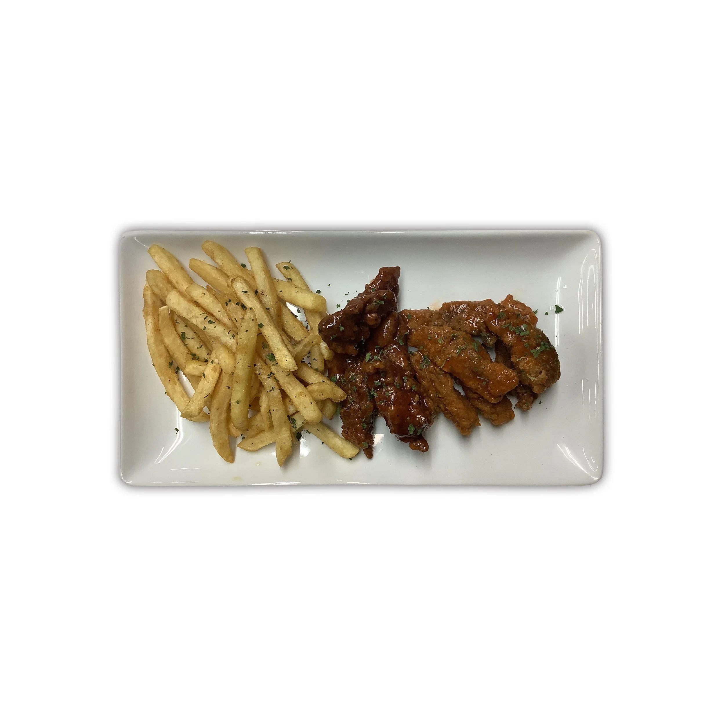 French fries and chicken wing pieces on a white plate.