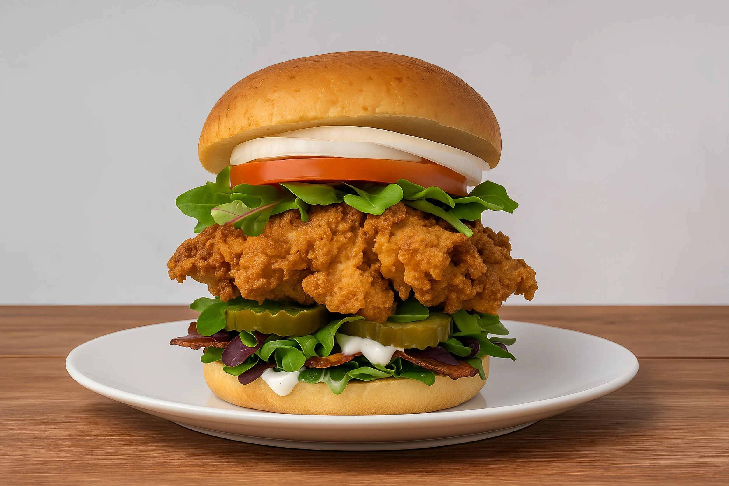 A towering fried chicken sandwich with lettuce, tomato, onions, pickles, cheese, and sauce on a bun, served on a white plate.