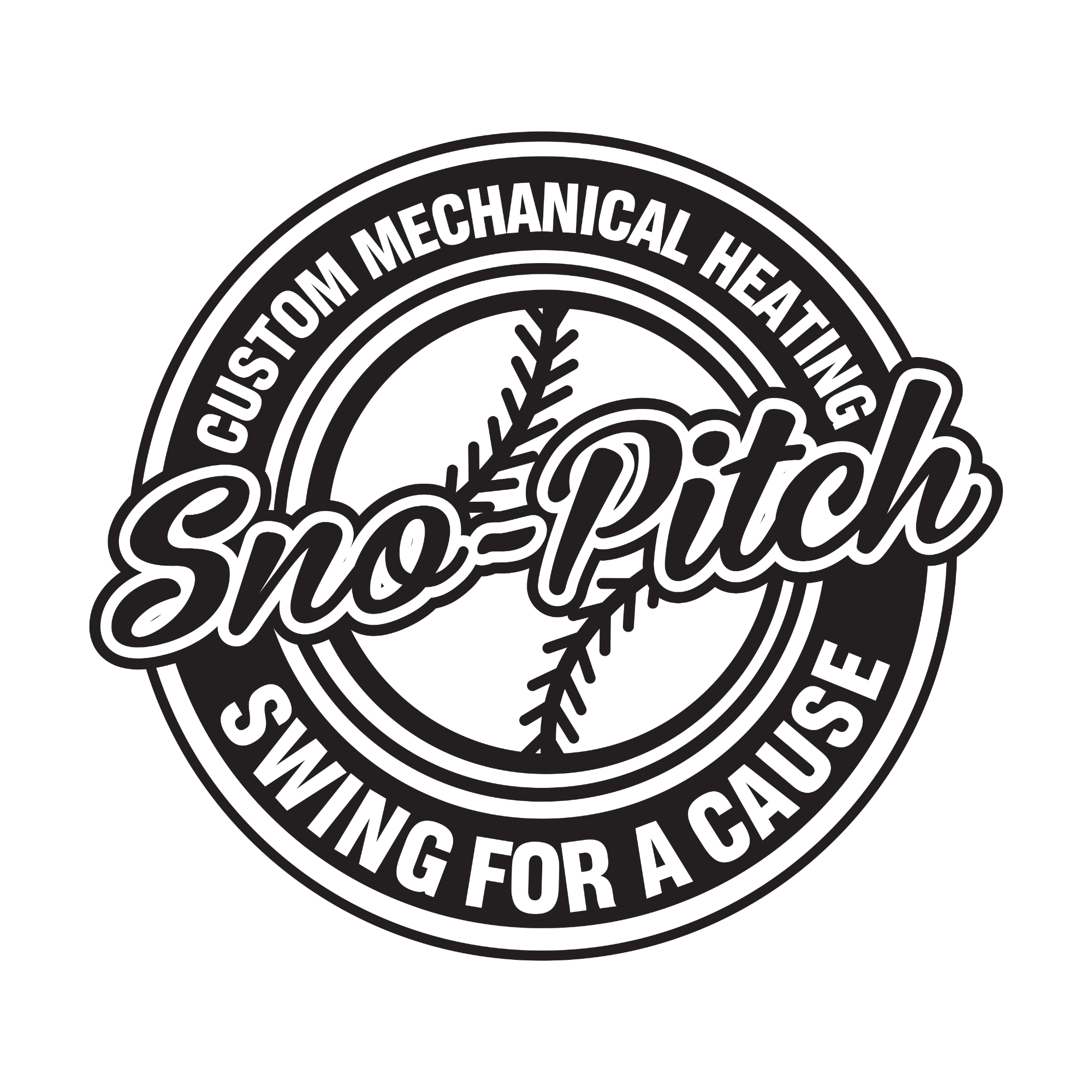 Close-up of a circular sticker with text reading 'CUSTOM TOM MECHANICAL HEATING & AIR Conditioning' and a stylized snowflake and flame graphic in the center.