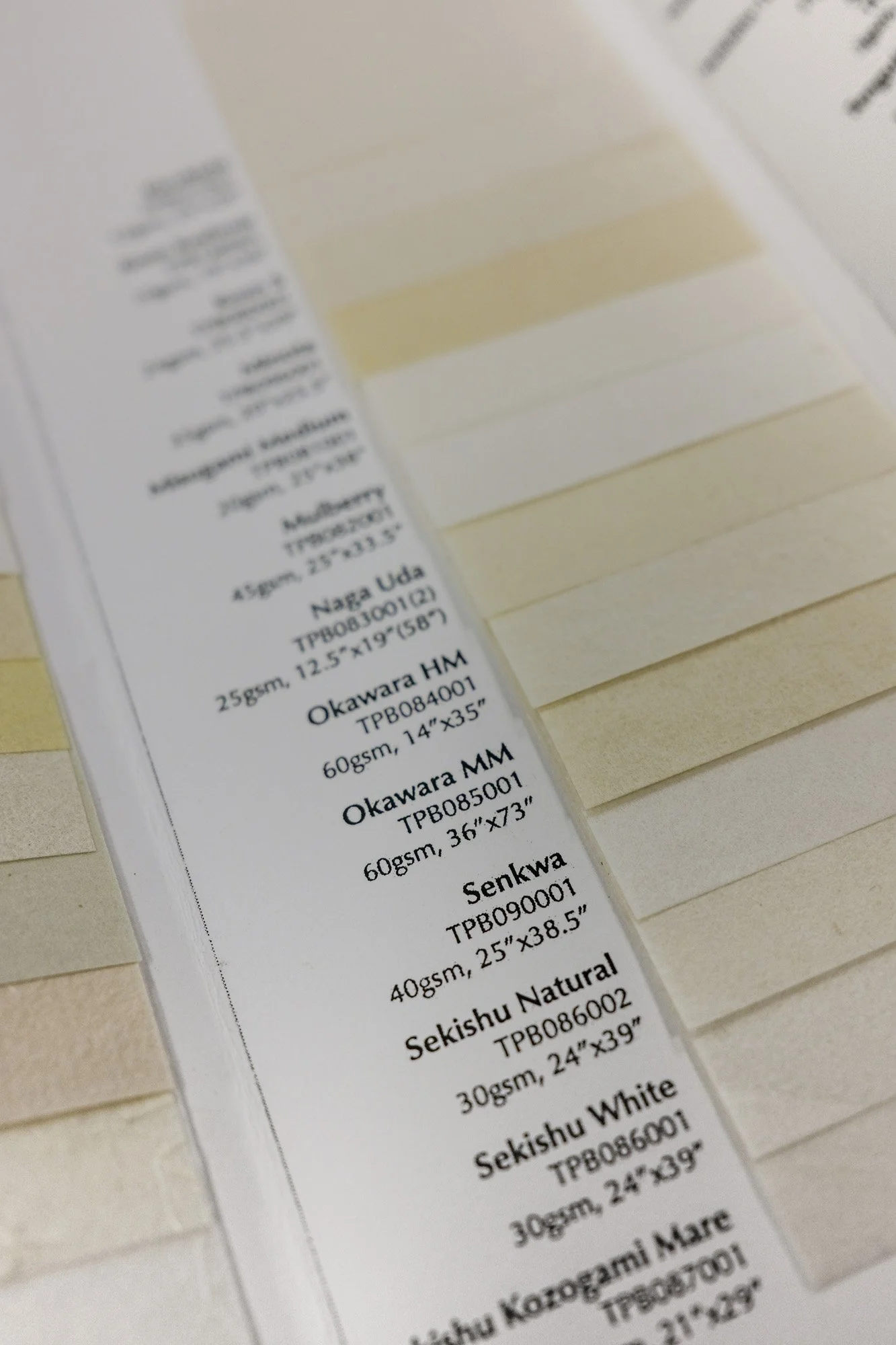 Close-up of a printed sheet with various labels, font sizes, and descriptions, partially blurred, with yellowish paper samples underneath.
