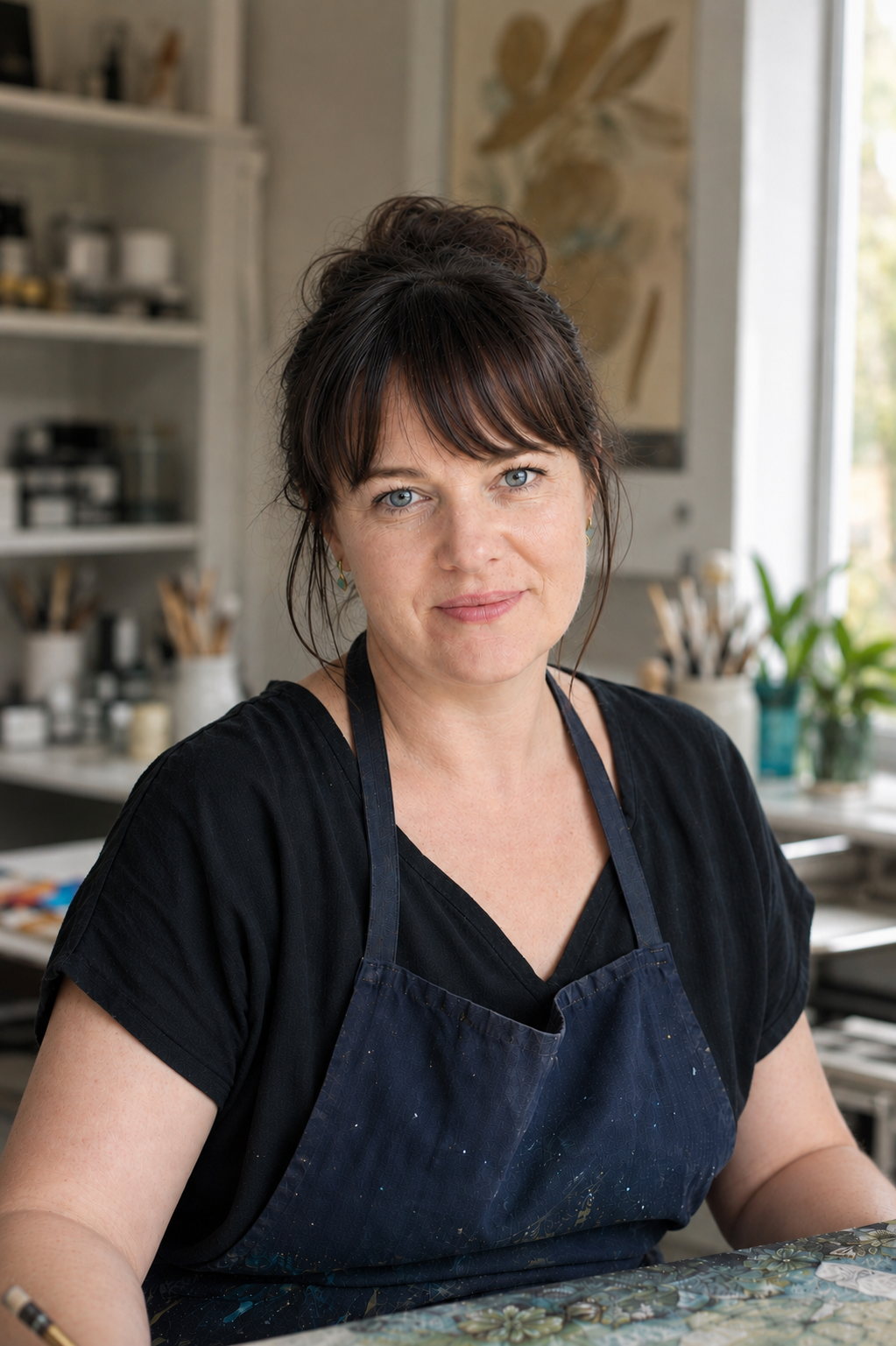 A woman with dark hair and blue eyes wearing a black shirt and blue apron sitting at a table in an art studio or workshop.