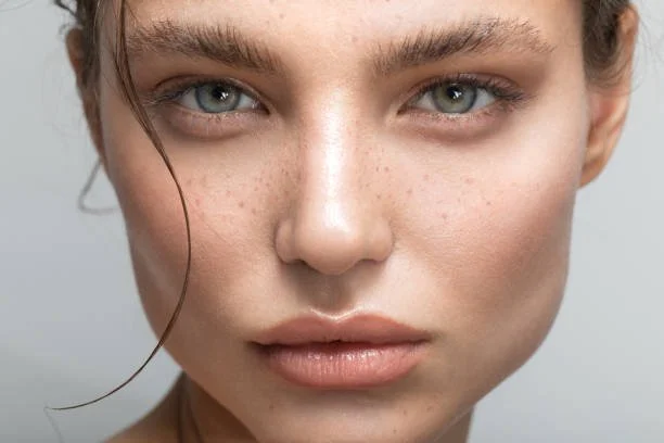 Close-up of a young woman's face with youthful eyes, light freckles, light skin, and minimal makeup.