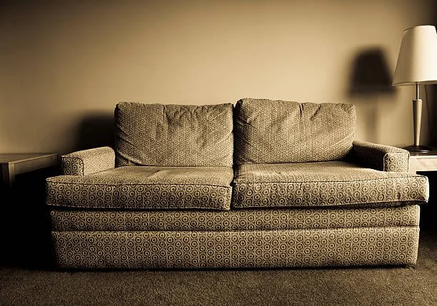 Gray patterned couch with matching cushions in a dimly lit room, flanked by side tables with lamps.