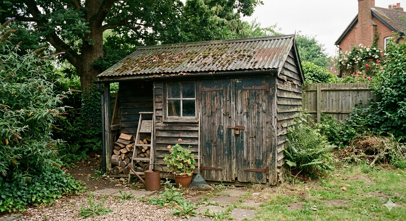 An old wooden shed in a garden, with a rusted metal roof, surrounded by green plants, a watering can, a plant in a pot, a rake, and firewood stacked beside it.