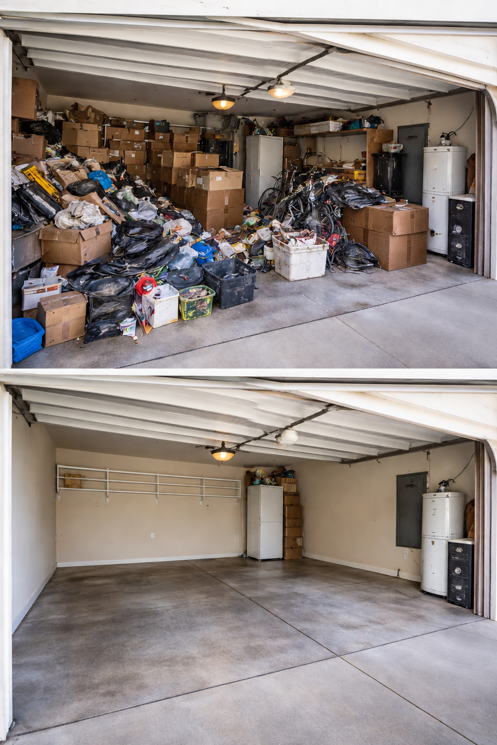 Before and after images of a cluttered garage cleaned and cleared out.