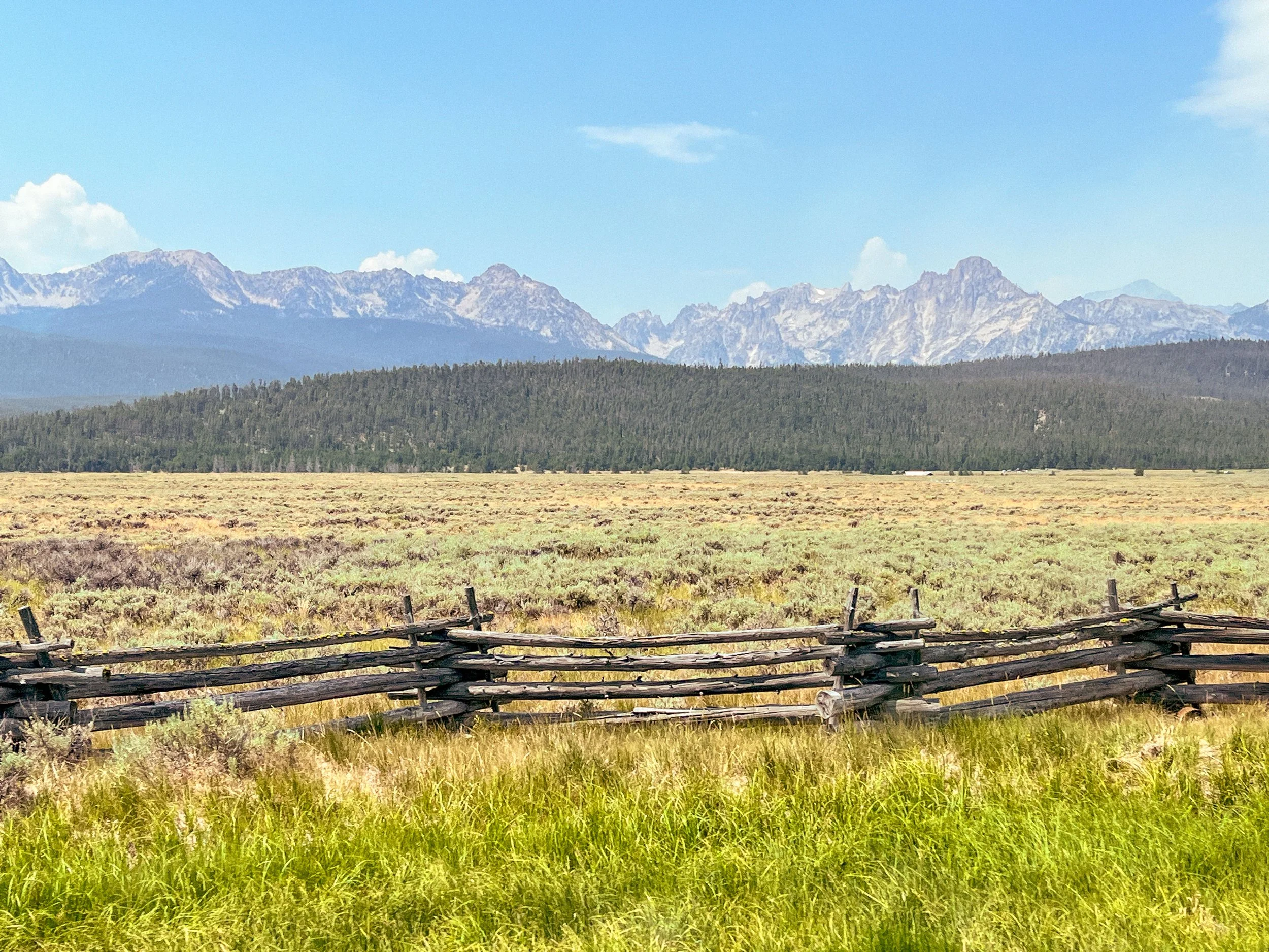 A landscape photograph features green grass in the foreground, a rustic wooden fence, a dense forested area across the middle ground, and rugged mountains with snowy peaks in the background under a partly cloudy sky.