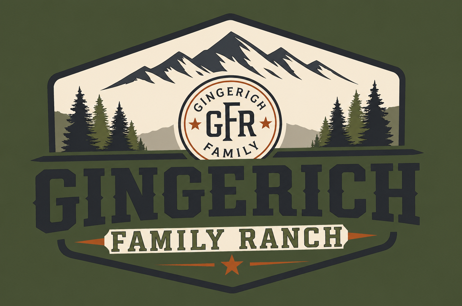 A logo for Gingerich Family Ranch, featuring mountains, pine trees, and the text 'Gingerich Family Ranch'.