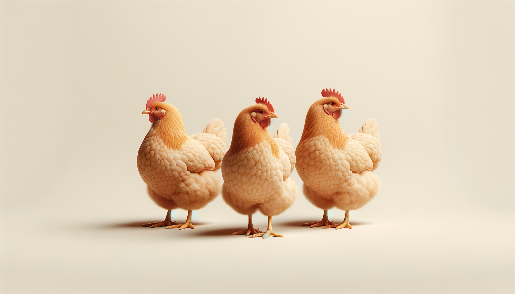 Three chickens standing side by side on a light background.