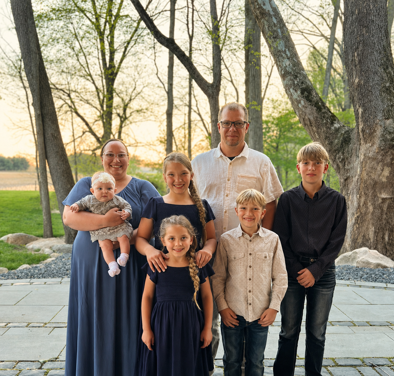 Family of eight posing outdoors during sunset, standing on stone patio with trees in the background.