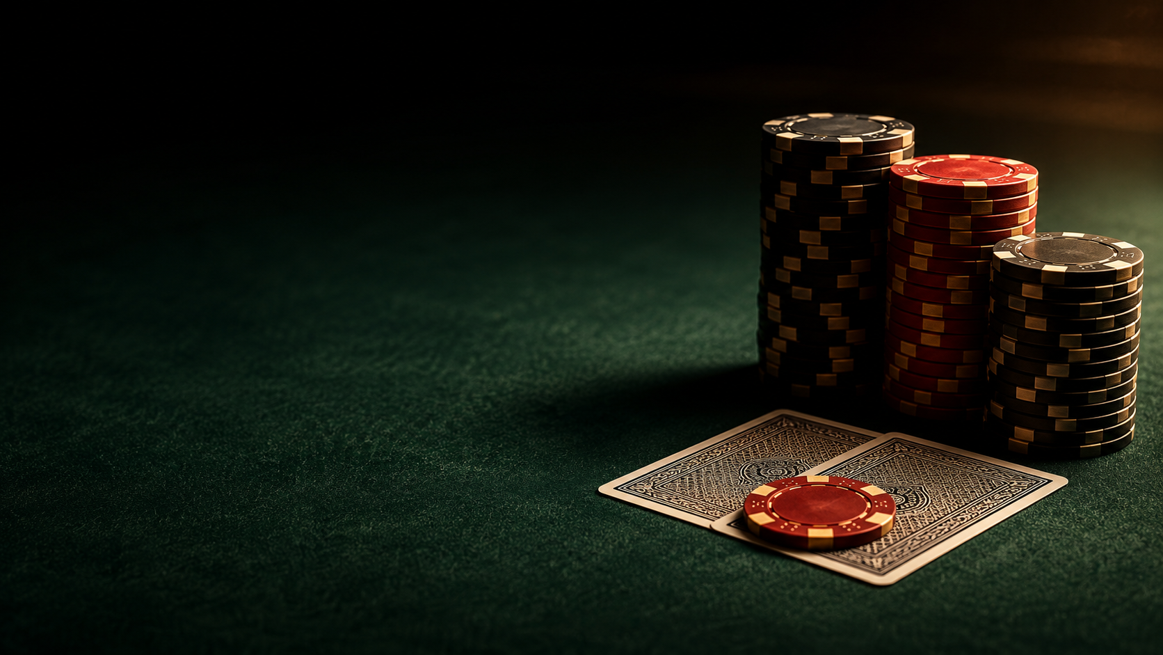 Poker chips stacked on a green felt table with two playing cards and a poker chip placed on top of the cards.