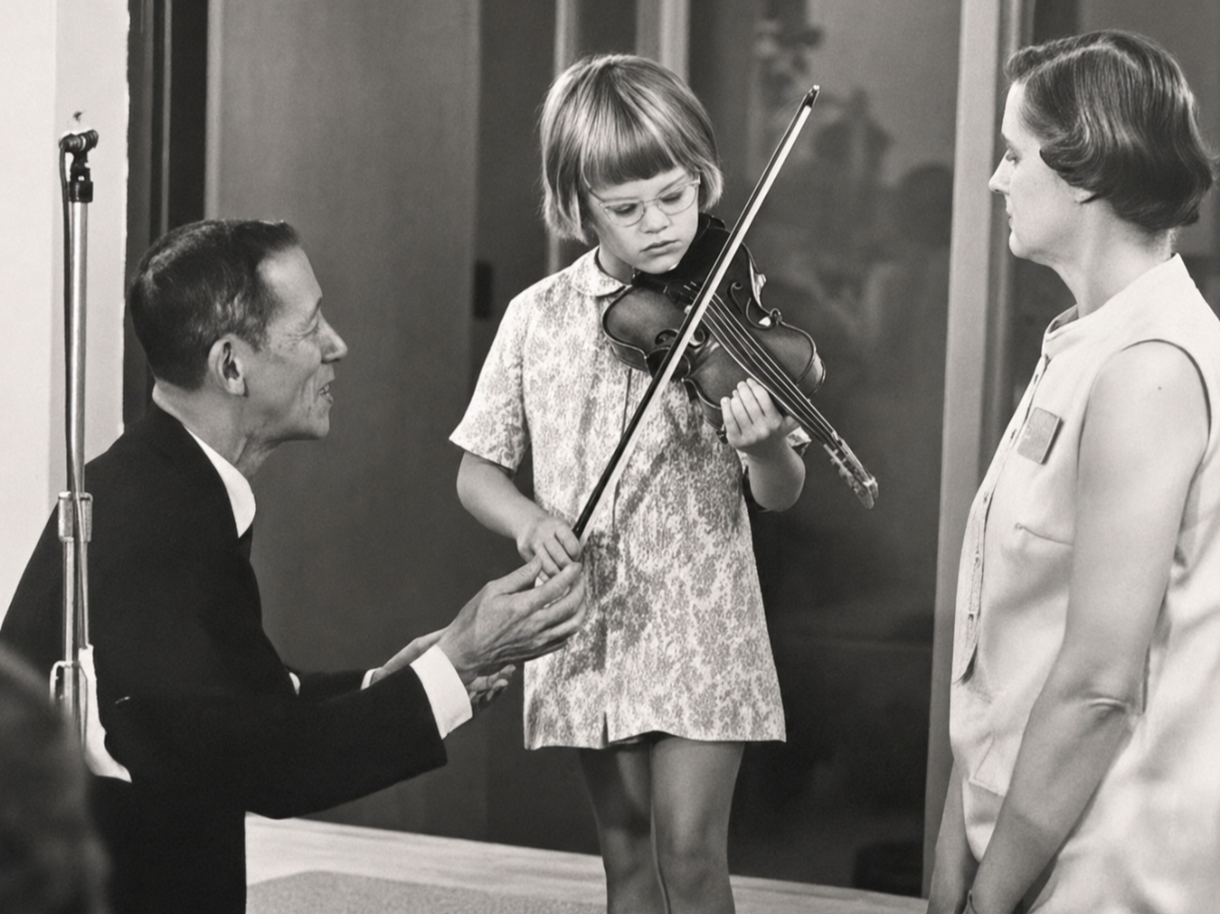 A young girl playing the violin while Dr. Shinichi Suzuki and her Parent observe her, in a black-and-white photo.
