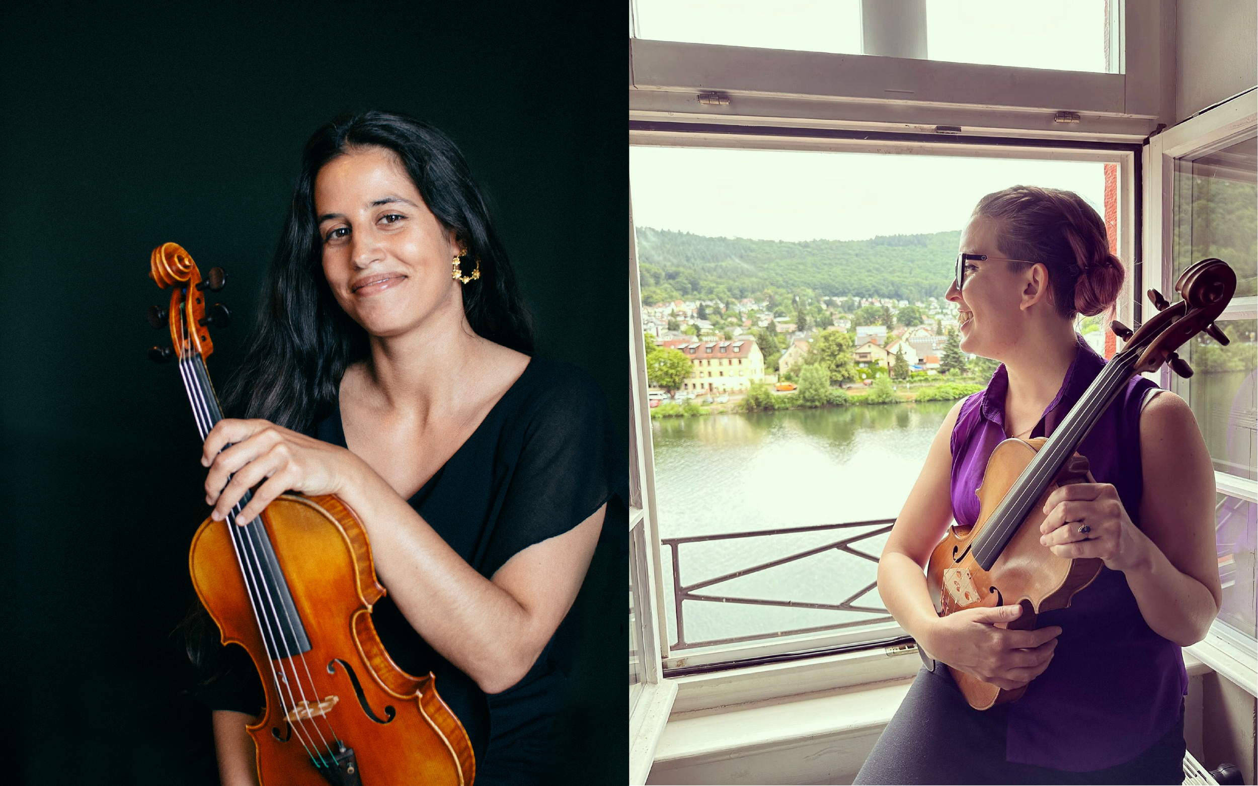 Ms. Mafalda Tuna & Ms. Monica Johnston: A young woman with long dark hair smiling while holding a violin, and another woman with glasses and a purple top playing the violin by a window overlooking a river and forested hills.